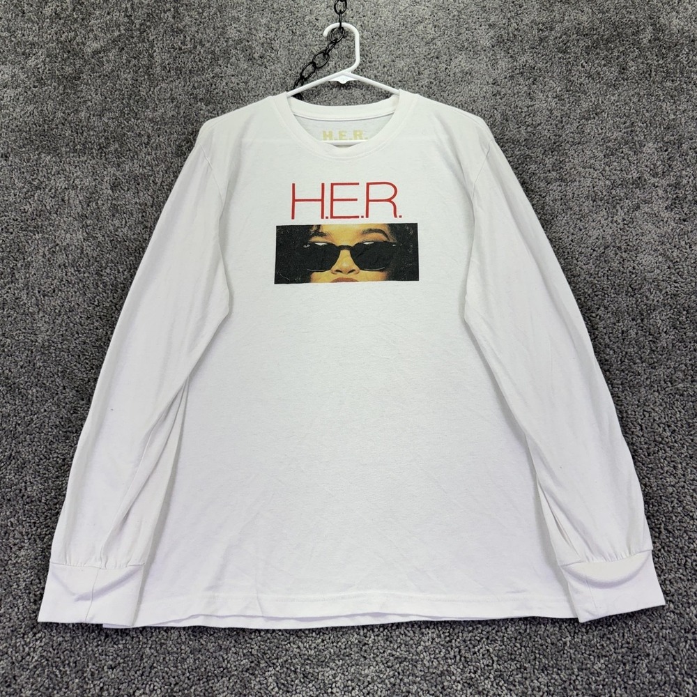 H.E.R. Shirt Mens Large White Long Sleeve Portrait Graphic Tee Band Music